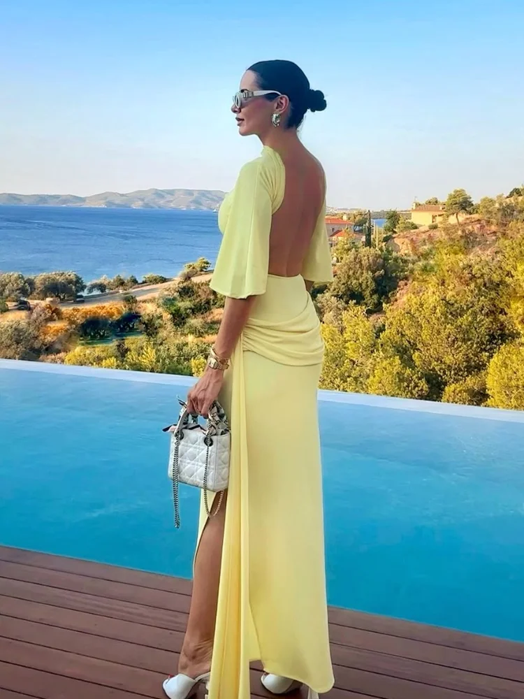 navy blue dress for baby girl Women's Solid Yellow Backless Maxi Dress, Elegant Split Slim Fit, Pleated Half Sleeve Long Dresses, High Street Summer - Yellow M