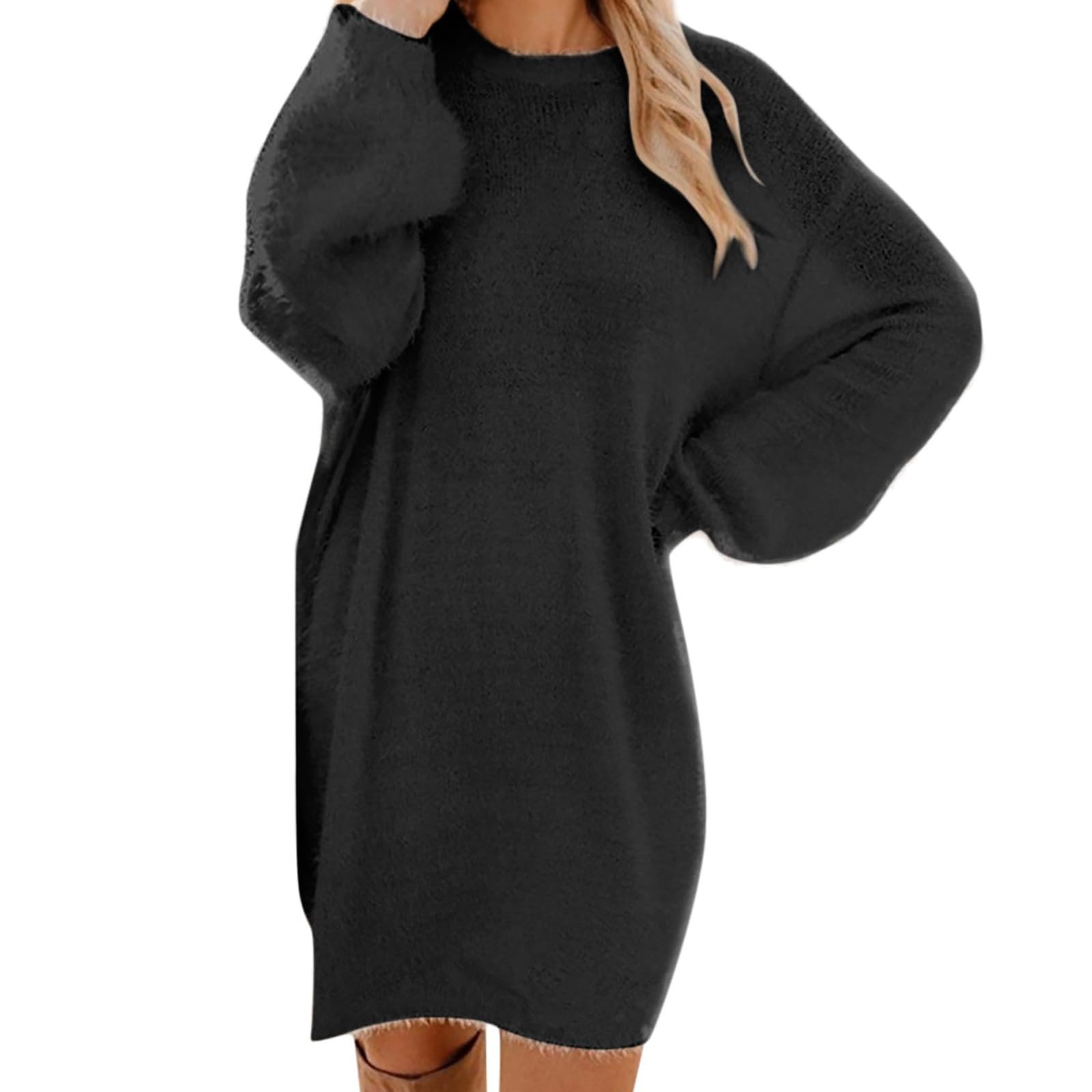 Oversized Basic Ladies Cloth, Women Winter Sweater Knit Crewneck, Warm Long Sleeve Casual Dress