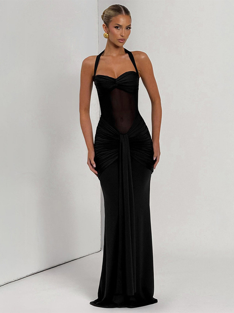 Sexy Patchwork Elegant Maxi Dress Women Trendy Halter Backless Bodycon with Sheer Ribbons for Evening Wear