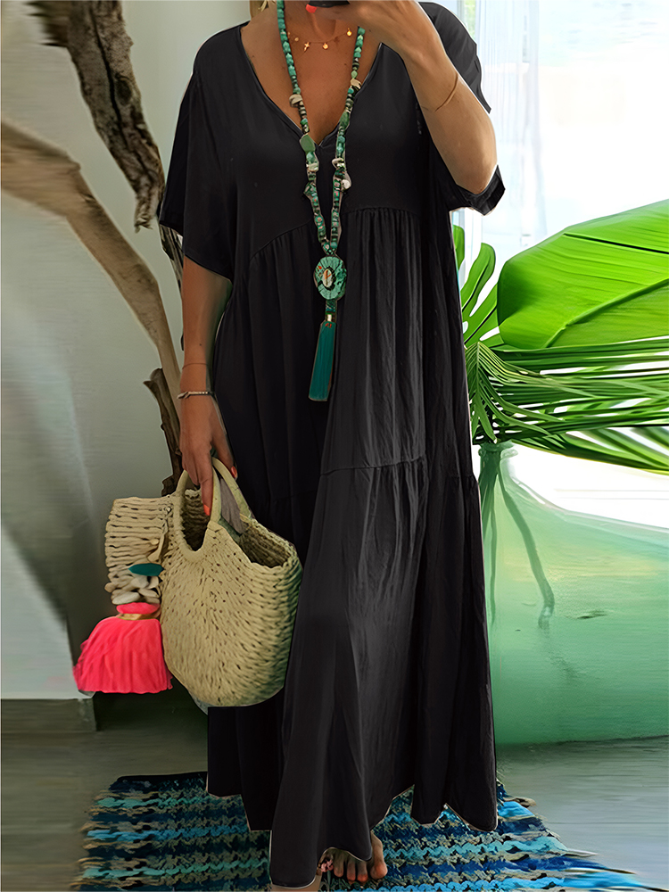 Women's Dress Plus Size Casual Loose V-Neck Solid Long Pleated Spring Summer Dress