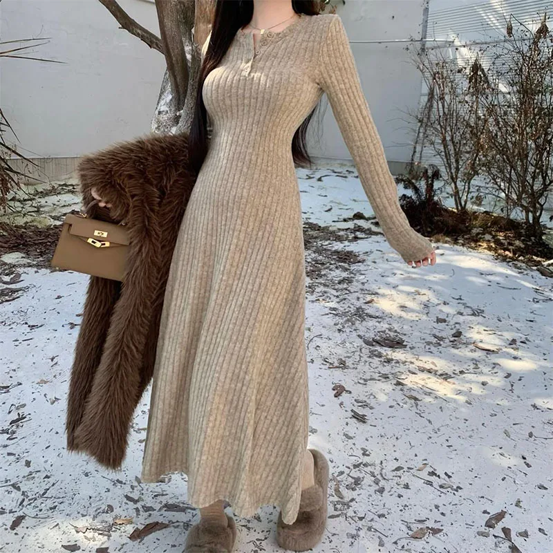 Elegant Slim High Waist Knit Dresses for Women, Autumn Winter Long Sleeve Thick Warm Dress, Vintage Streetwear