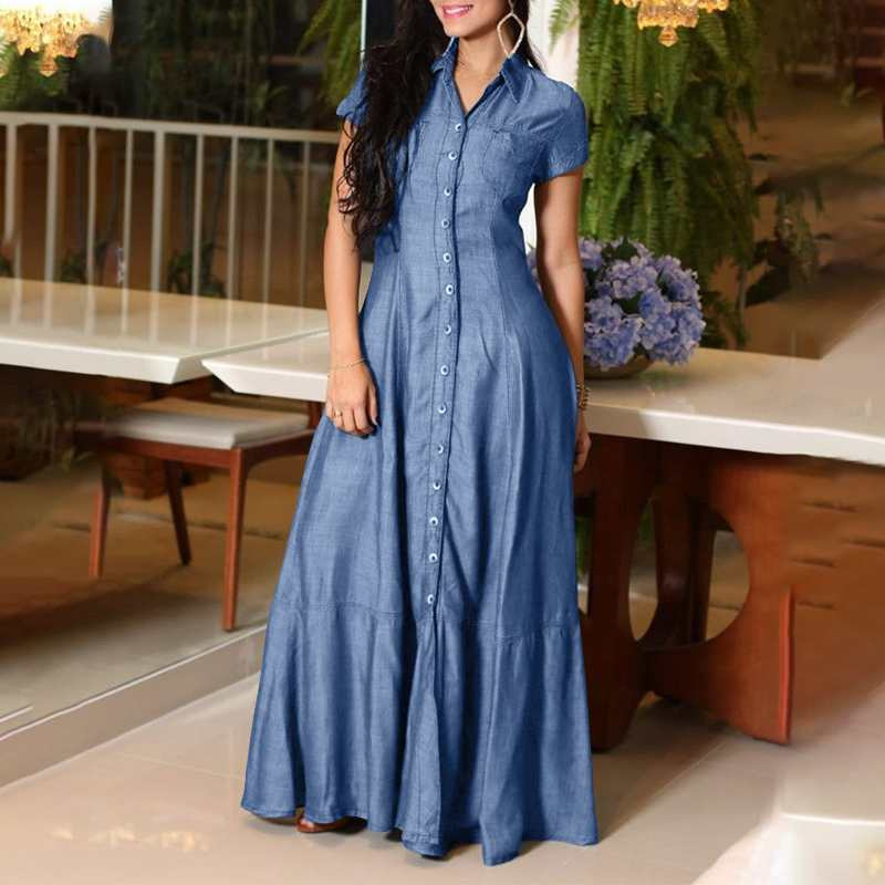 Casual Elegant Denim Dress with Long Sleeve Shirt Neck Pocket Large Swing and Single Breasted Design