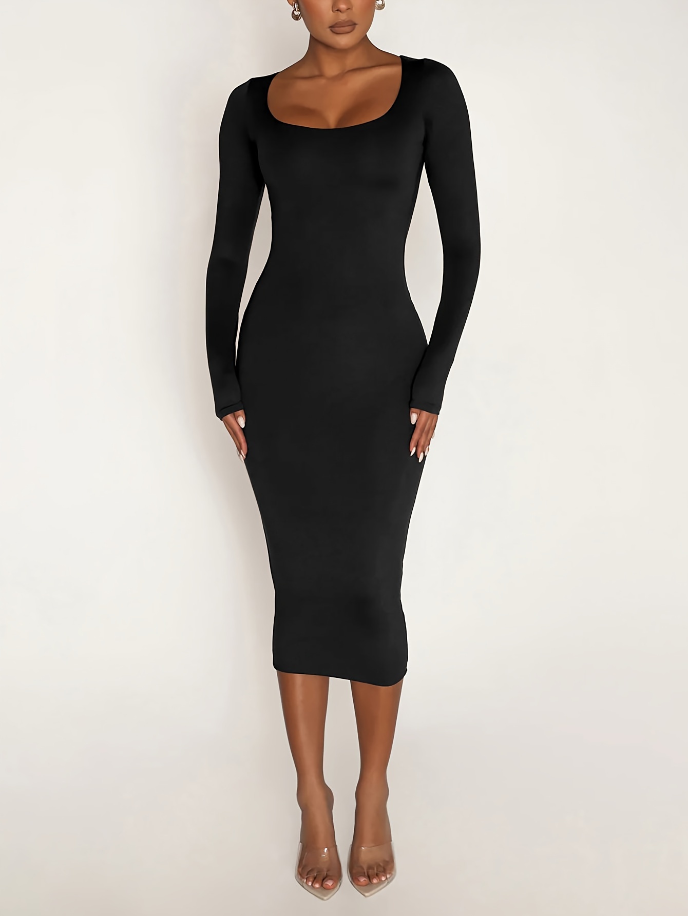 Stretch Winter Dresses Women’s Long Sleeve U-Neck Bodycon Midi Jumper Dress