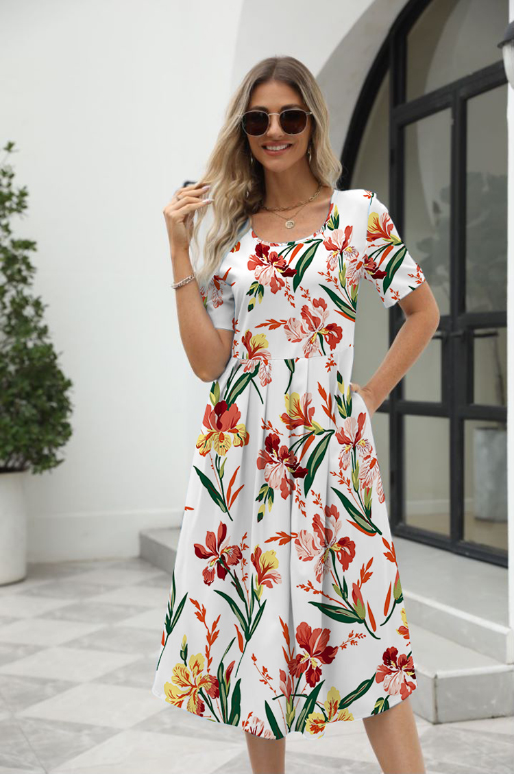 Elegant Printed Summer Dress for Women with Zipper Round Neck Short Sleeve