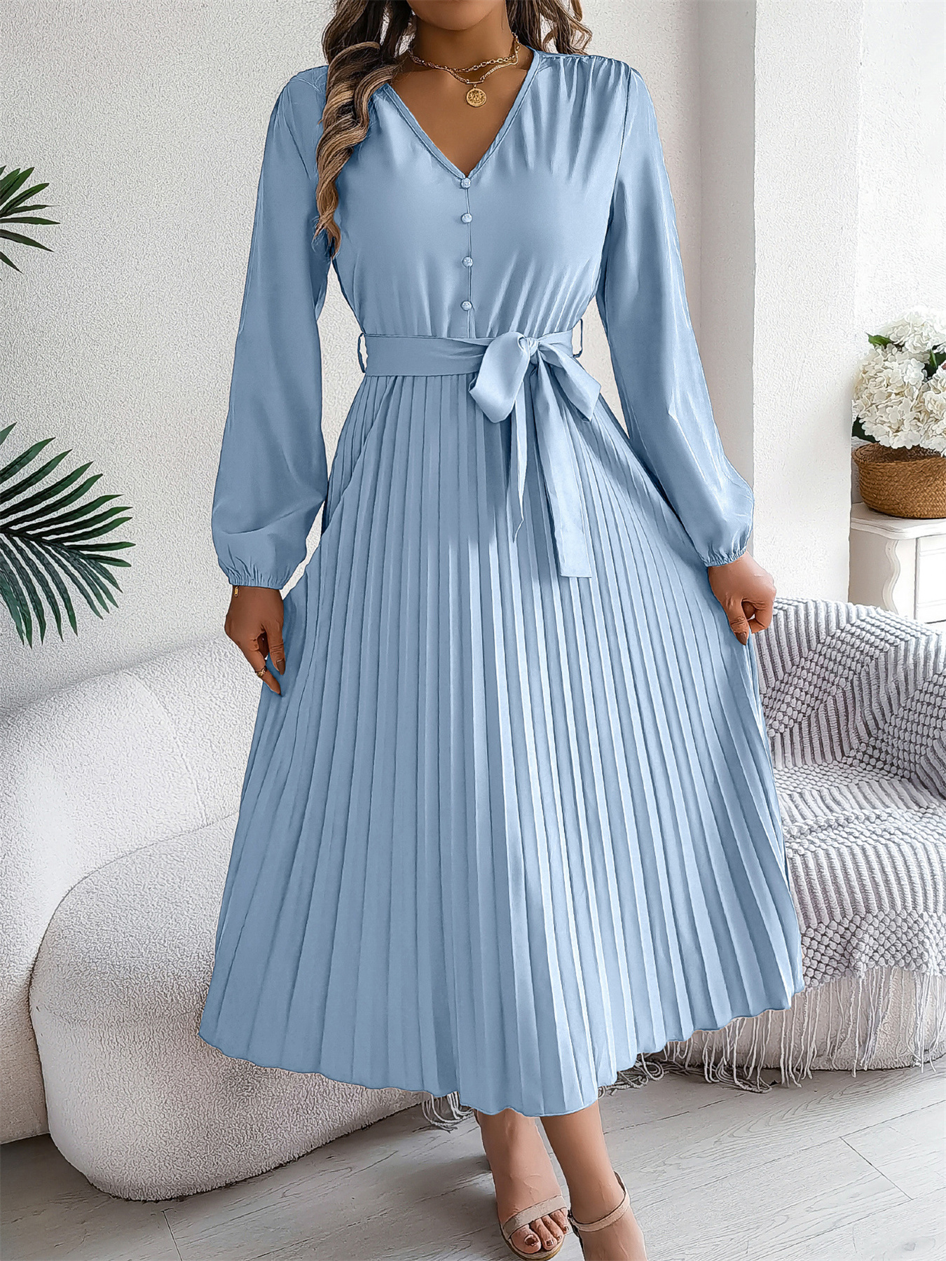 Elegant Women's Autumn Winter V-neck Buttoned Lace-up Pleated Long Skirt Dress