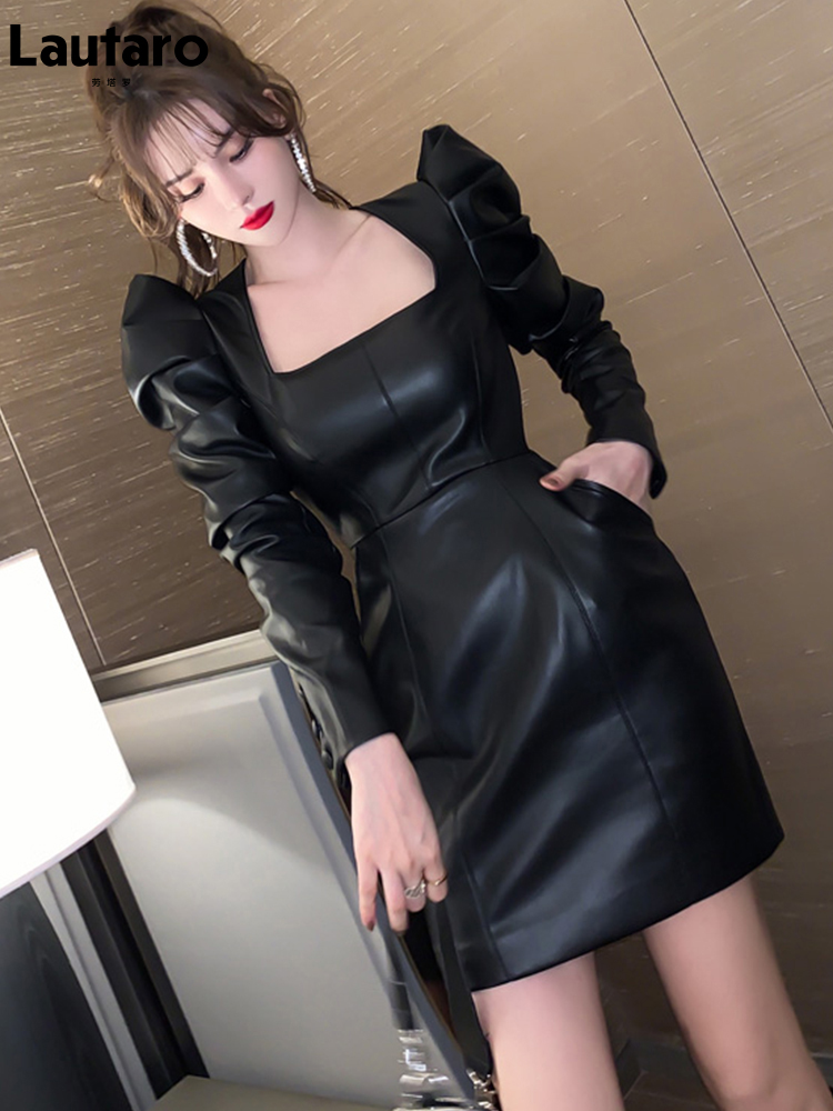 Women Spring Autumn Retro Black Faux Leather Mini Dress Puff Sleeve Square Neck Sheath Dress