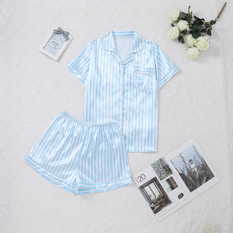 High-Grade Pink Striped Satin Silk Pajamas Women Short-Sleeved V-neck Top and Shorts Sleepwear