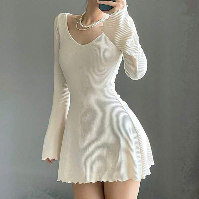 knee length dresses for ladies Backless Round Neck Long Sleeve Sweater Dress Blue / S