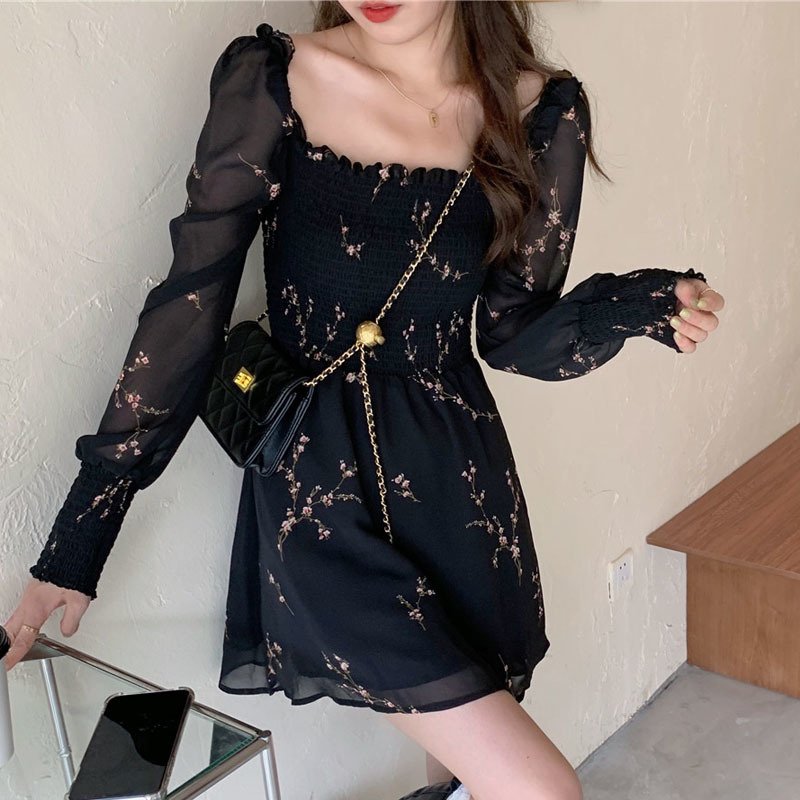 Puff Long Sleeve Mini Dress - Black - M