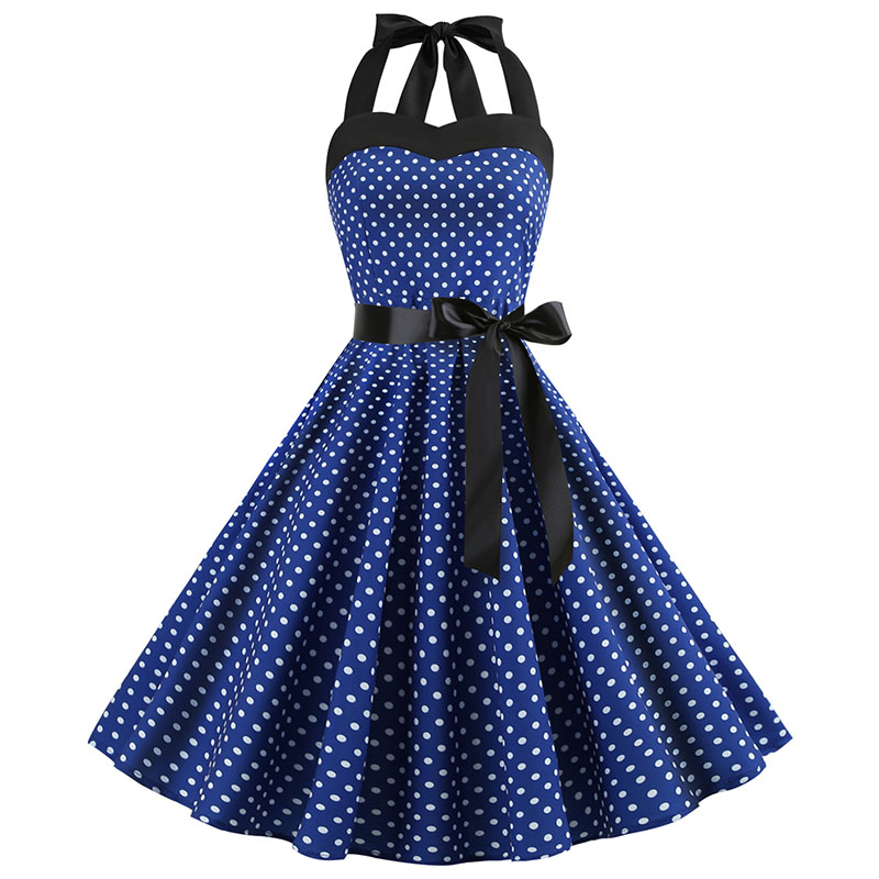 Women Polka Dot Print Summer Dress, Sexy Retro White Halter Vintage Robe Femme Pin Up Rockabilly Party Dress