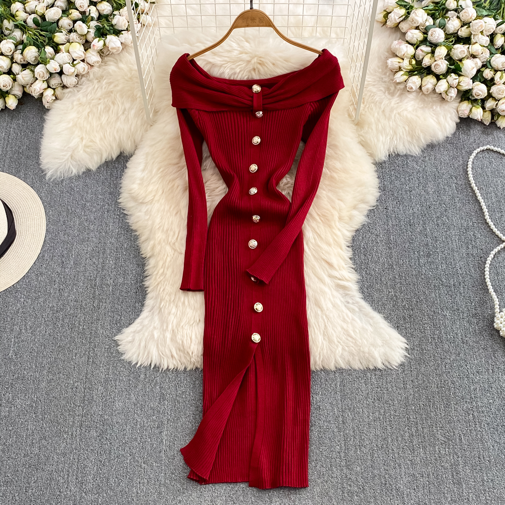 Ins Fashion Women Christmas Red Party Dress, High Waist Off Shoulders, Long Sleeve, Front Split Knitted Bodycon Robe - Red | Women Boutique