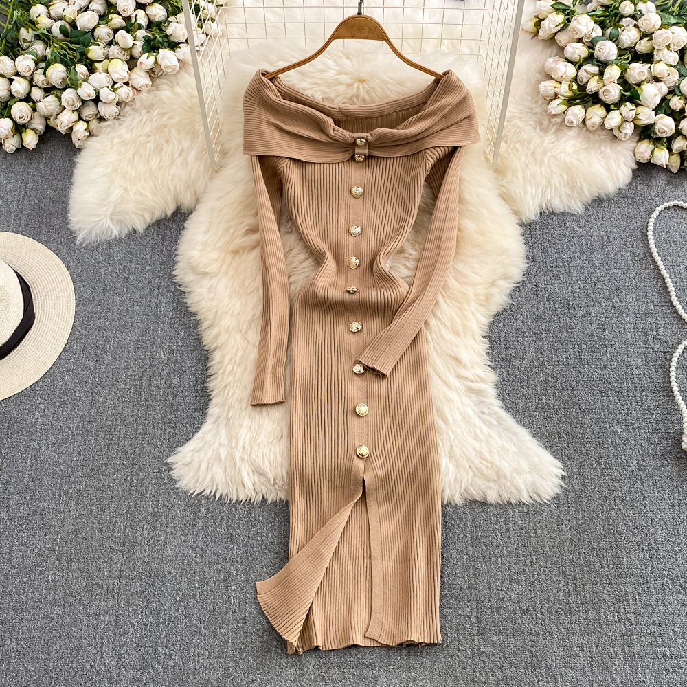 Ins Fashion Women Christmas Red Party Dress, High Waist Off Shoulders, Long Sleeve, Front Split Knitted Bodycon Robe - Khaki | Women Boutique