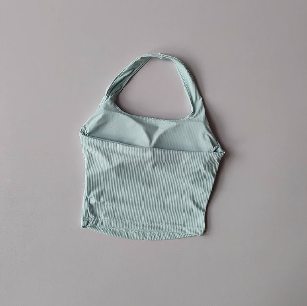 Seamless Ribbed Halter Top with Built In Bra Sports Crop Tank