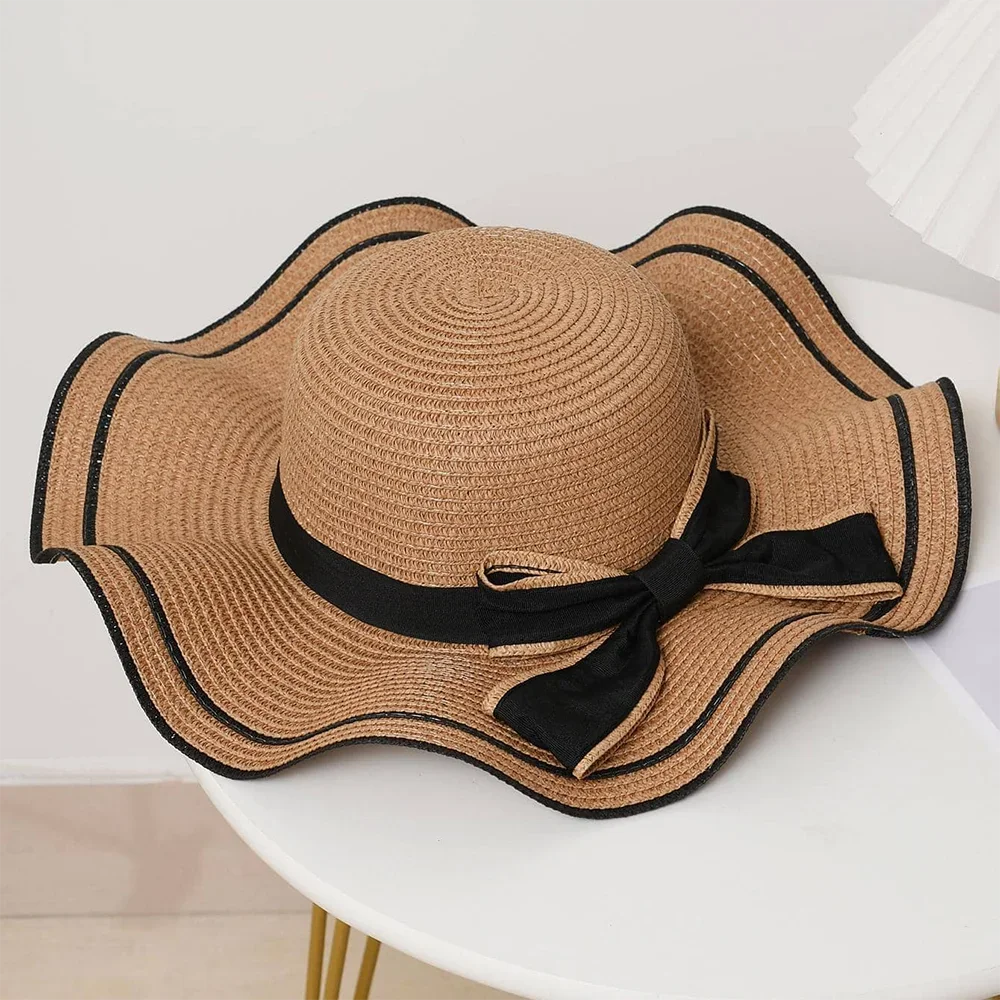 Womens Wide Brim Straw Sun Hat for Beach Travel and Summer Shade