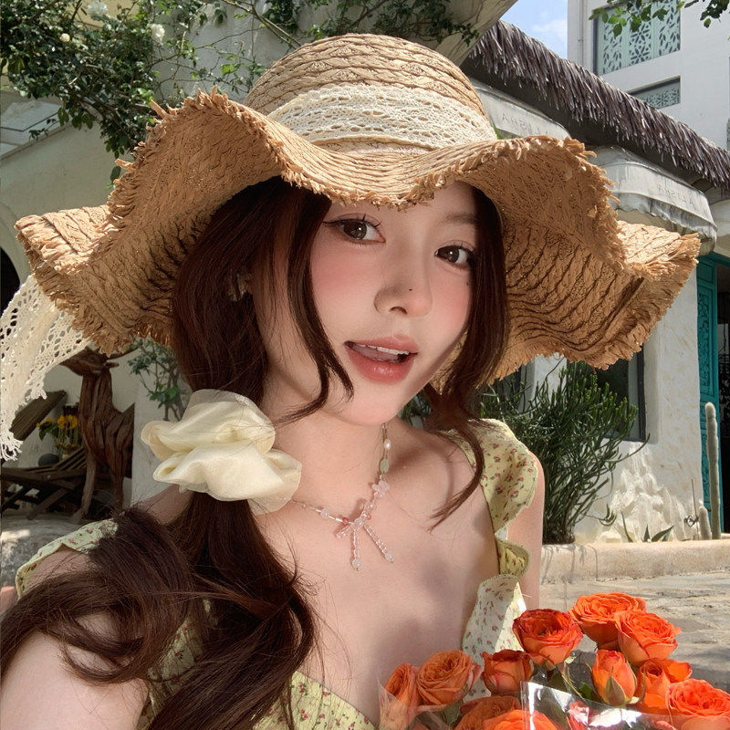 Wide Brim Women Straw Hat with Silk Scarf for Beach and Vacation