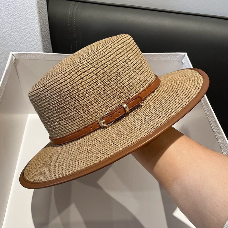 Womens Flat Top Straw Sun Hat for Beach Vacation and Summer Style