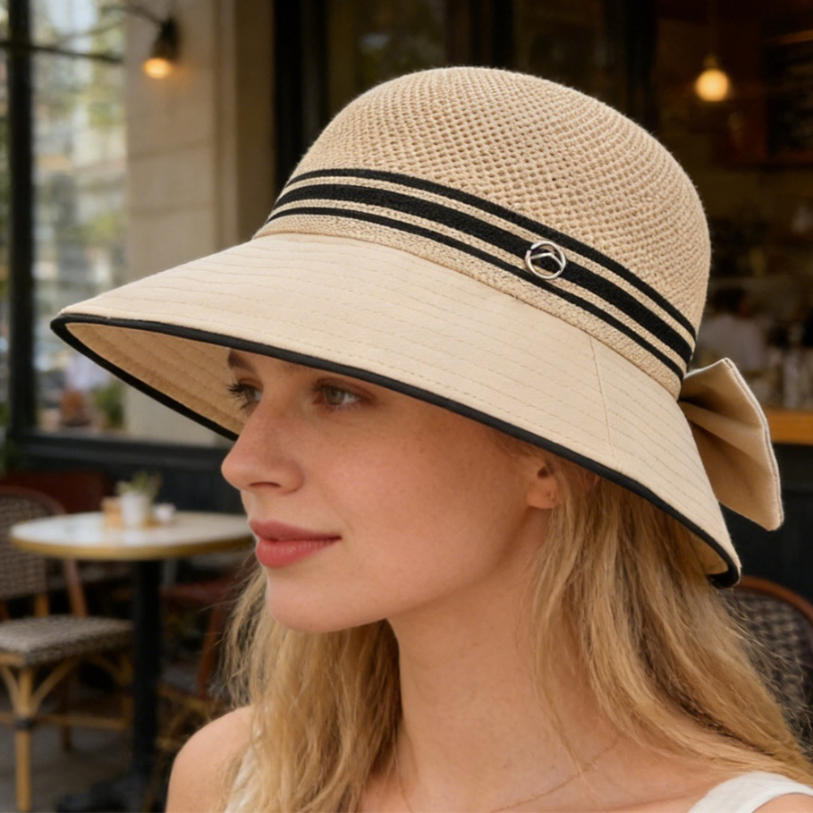 Womens Bow Wide Brim Sun Hat for Beach, Travel and Summer Outings