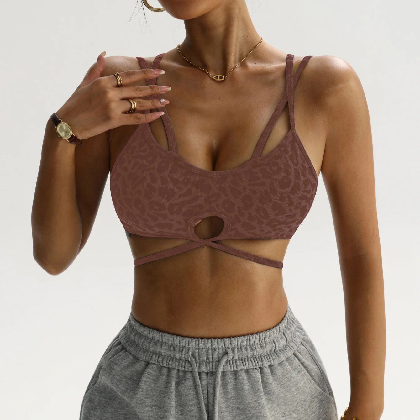 Seamless Sports Bra Women's Leopard Print Crisscross Back Ho