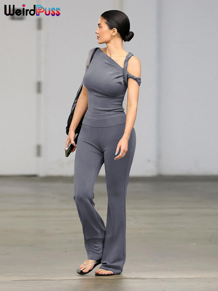 Women's Irregular Knot Two Piece Flare Pants Set Casual Streetwear Outfit