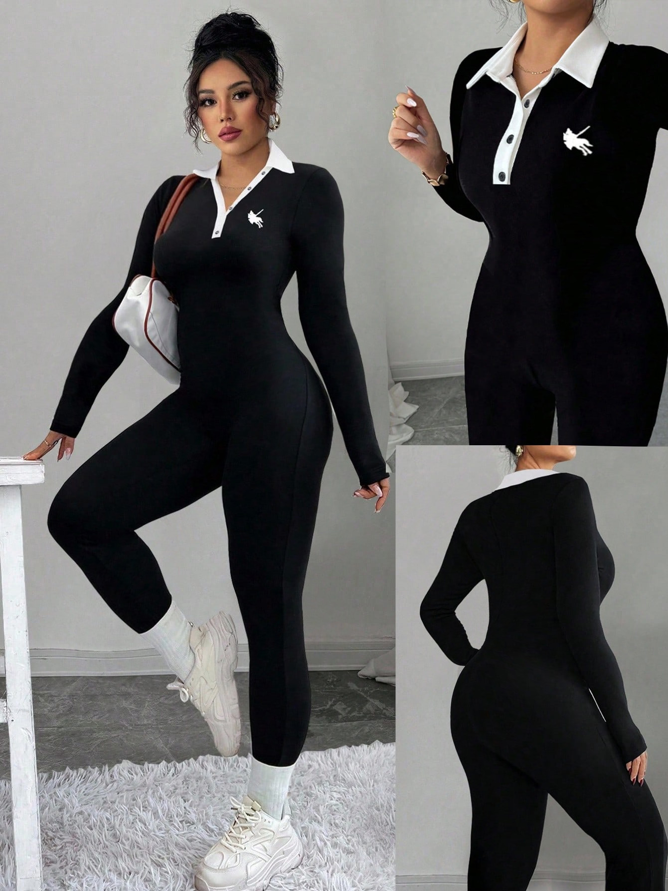 Plus Size Contrast Collar Black White Slim Fit Long Sleeve Casual Jumpsuit for Women