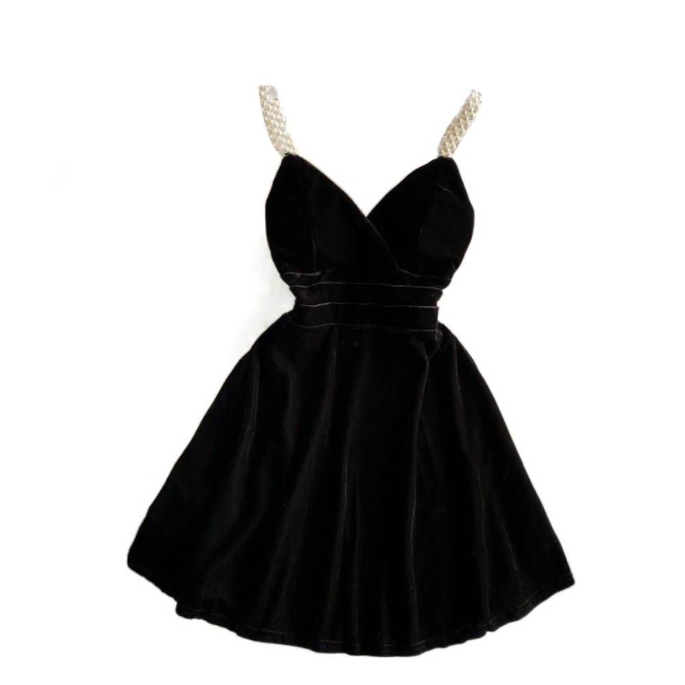 Pearl Strap Velvet V Neck Slim Sling Dress High Waist Women Cocktail Dress