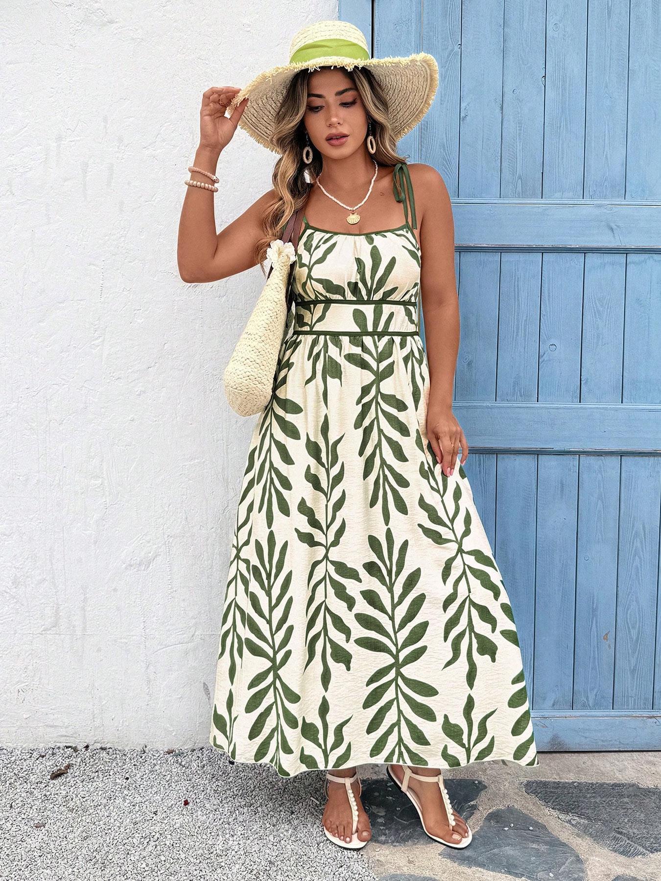 Plus Size Leaf Print Cami Dress - Casual Beach Vacation Maxi Sundress
