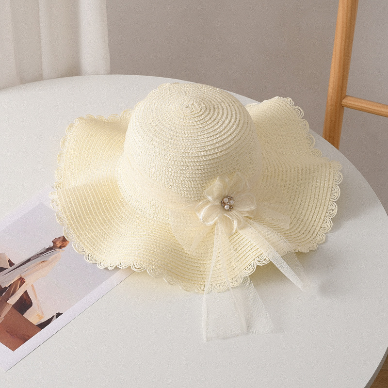 Womens Foldable Straw Sun Hat with Wide Brim and Mesh Floral Trim Packable Summer Beach Cap for UV Protection