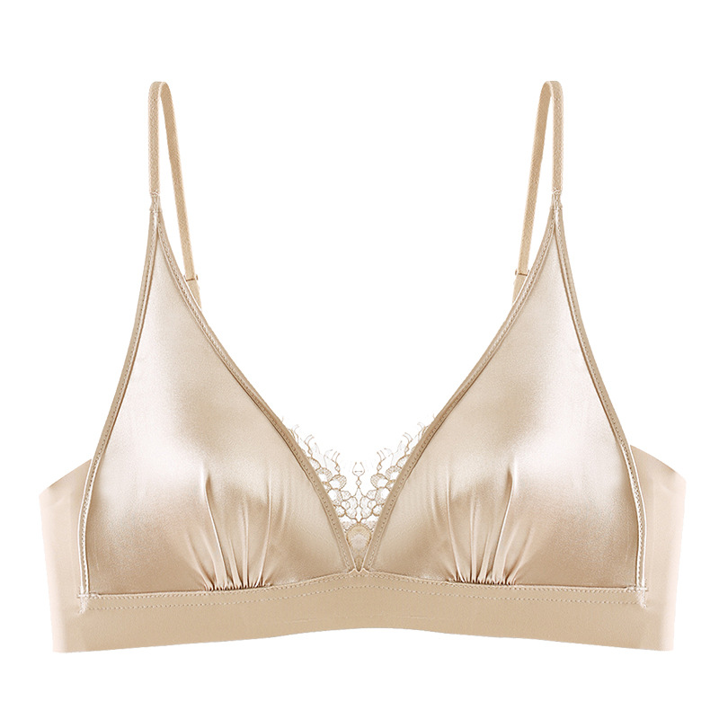 French Elegant Satin Wireless Bralette | Luxury Lace Bra for Small Chest