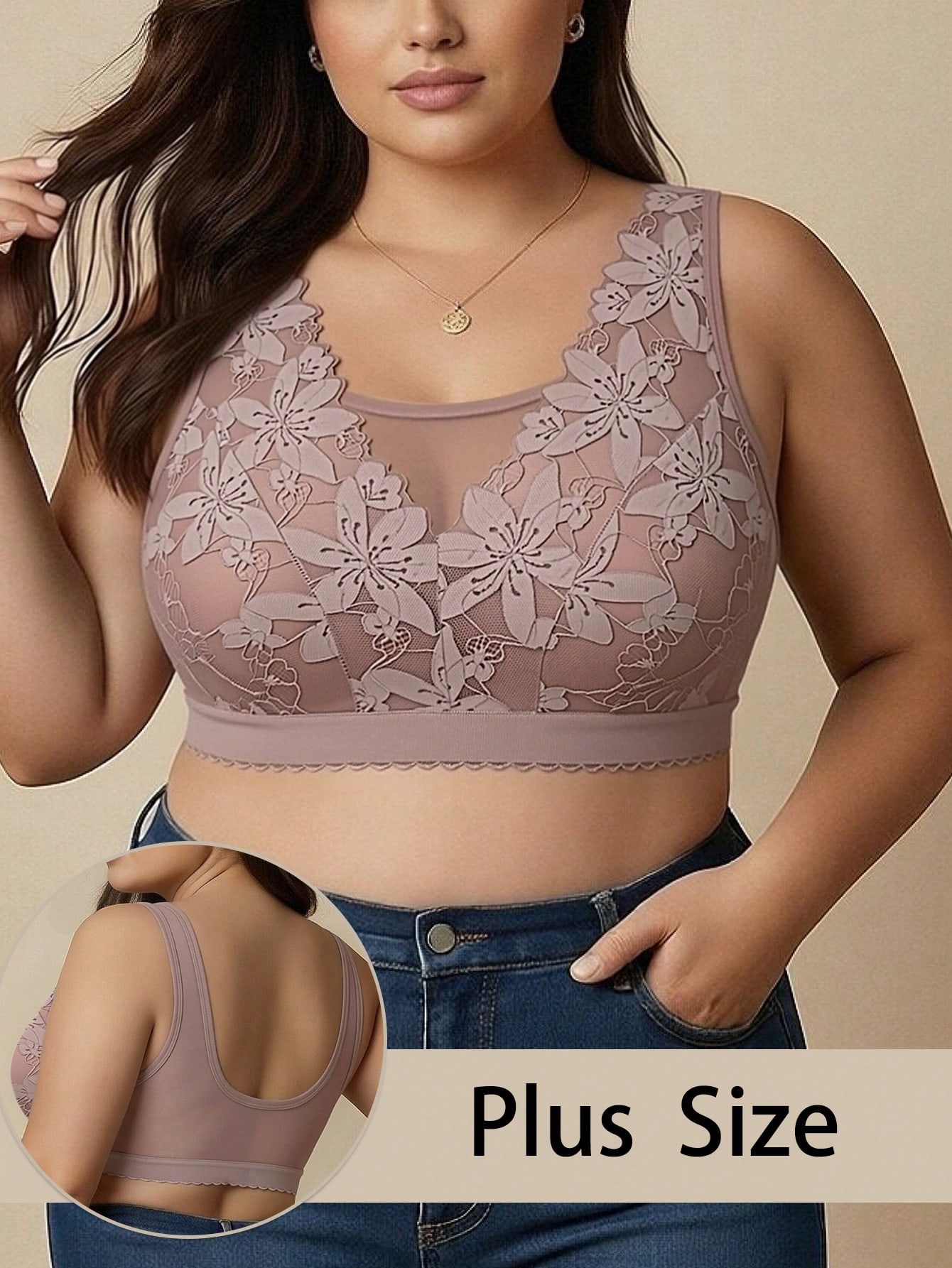 Plus Size Floral Lace Bralette Wireless Comfort Bra with Wide Straps and V-Neck Mesh Insert for Sleep and Lounge