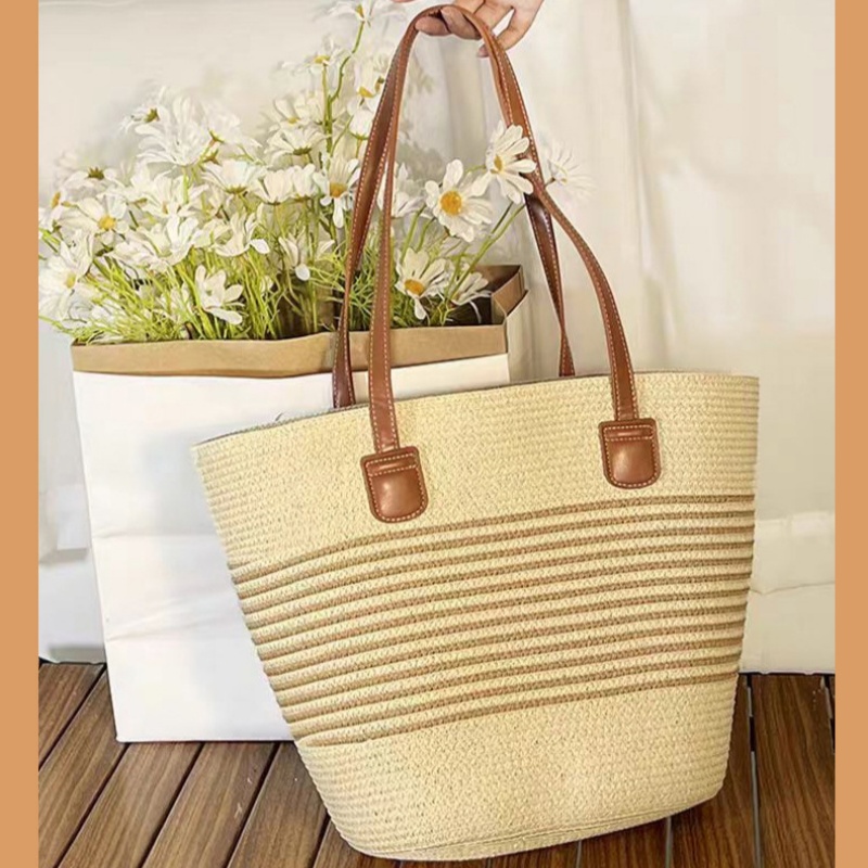 Vintage Straw Woven Bucket Bag – Large Capacity Summer Beach Tote