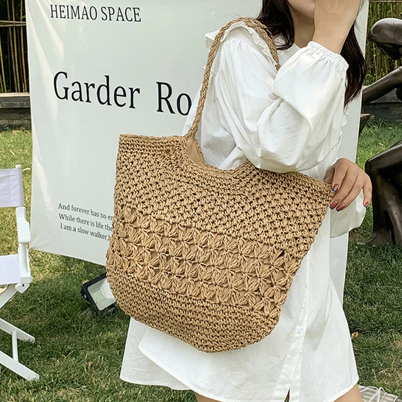 Chic Straw Weave Large Capacity Travel Tote and Women's Straw Shoulder Bag for Summer Beach Days