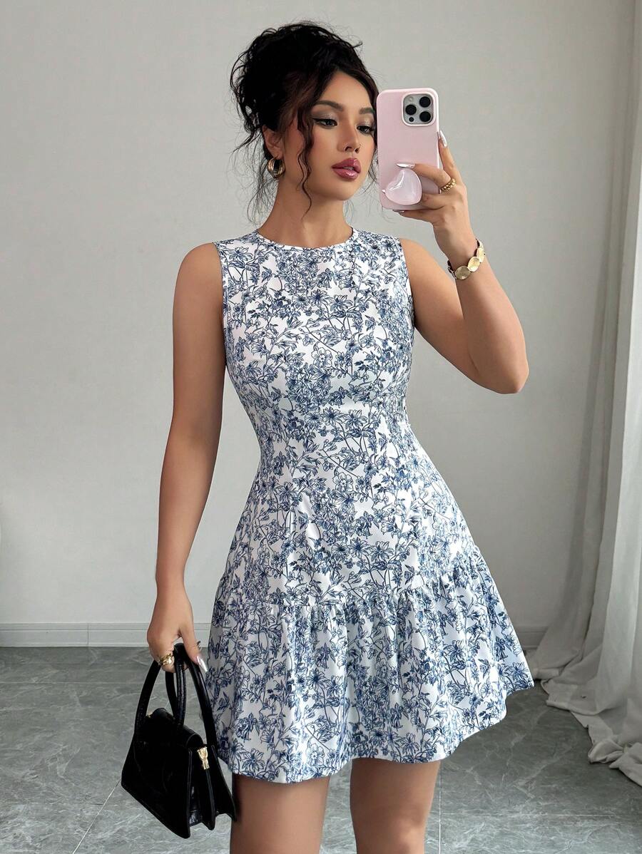 French Vintage Blue and White Floral Summer Dress Sleeveless Boho Chic Midi Dress