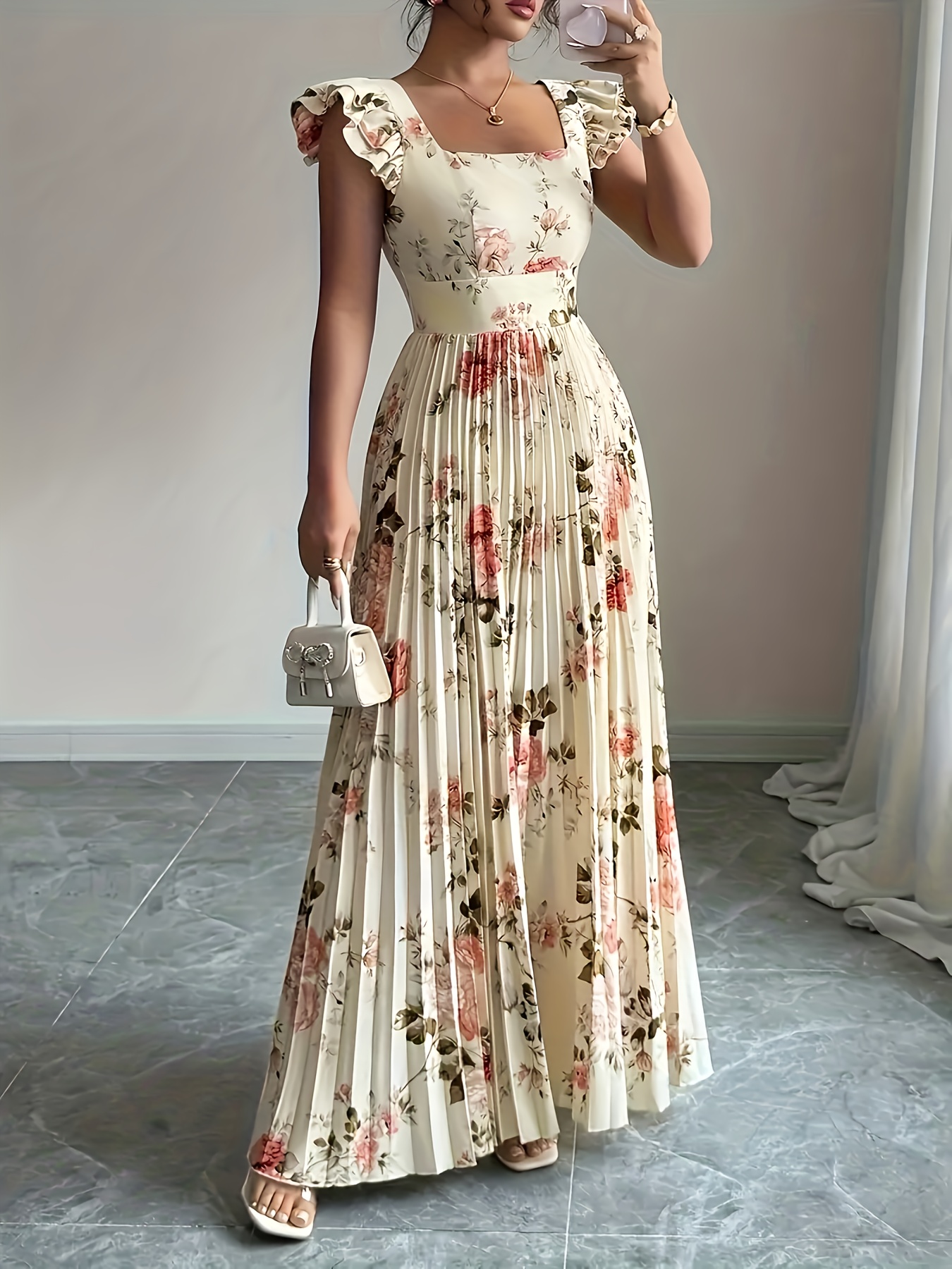 Elegant Beige Floral Pleated Midi Dress with Ruffle Square Neck and Stretch High Waist