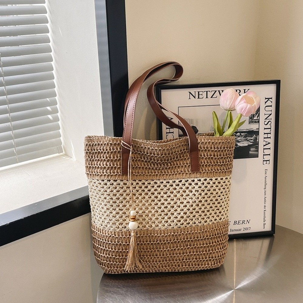 Summer Escape Large Straw Woven Beach Bag with Leather Handles