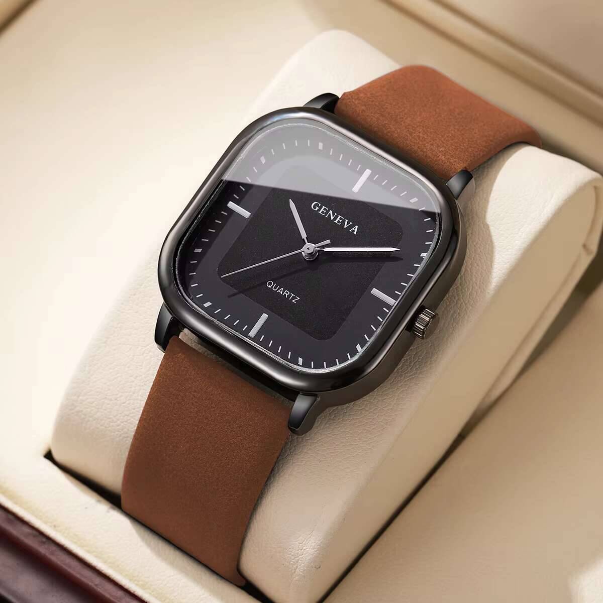 Mens Watch Men\'s Square Watches for Men Fashion Minimalist Quartz Wrist Brown Peugeot Men main image 2