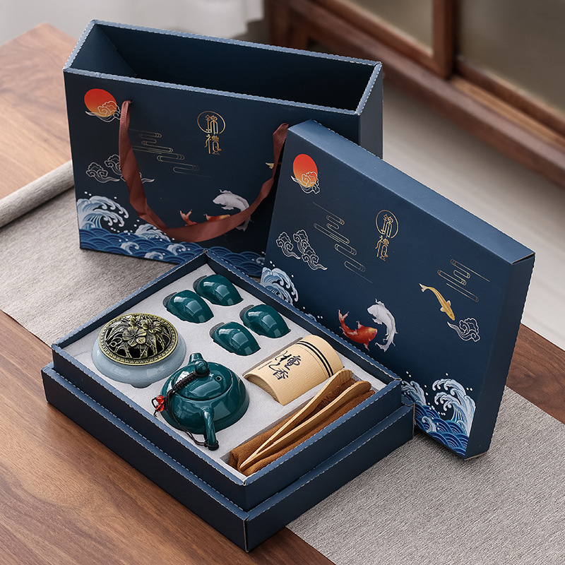 Ceramic Tea Set One Pot, Four Cups, Sandalwood Stove with Incense Burner Gift Box for Ceremony