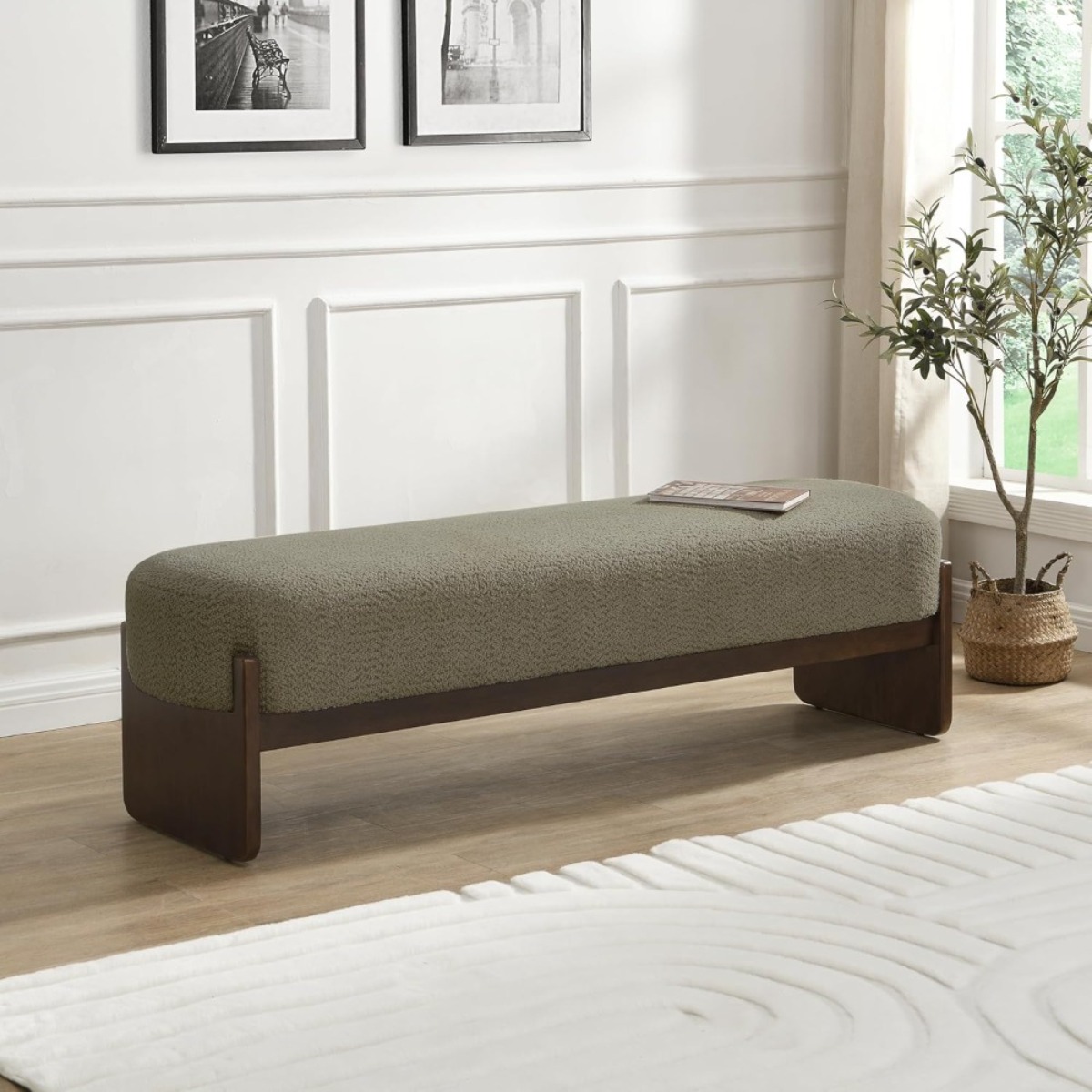 Minimalist Dark Green Ottoman Bench, Wooden Sofa Footrest for Living Room, Bedroom End of Bed Storage Seat