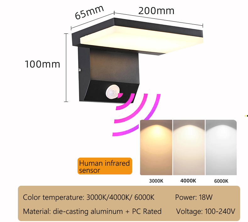 Waterproof Motion Sensor Wall Light, Auto On/Off, Adjustable Angle Aluminum Alloy Lighting for Door, Entrance, Corridor