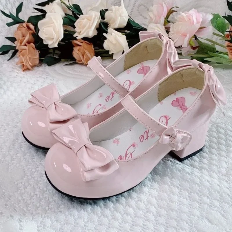 Lolita Style Cute Round Head Jane Pumps with Bow, Women's Sweet Party Dress Midi Heels, Fashion PU Sandals