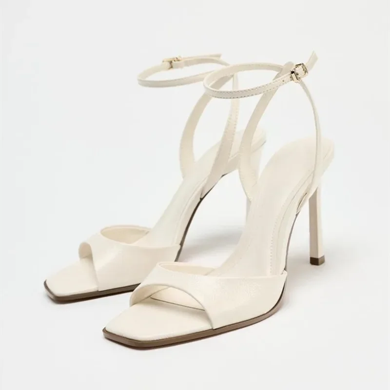 Gold Patent Leather Ankle Buckle High Heeled Sandals, Sexy Square Toe Open Toe High Heels, Women's Summer Fashion Party