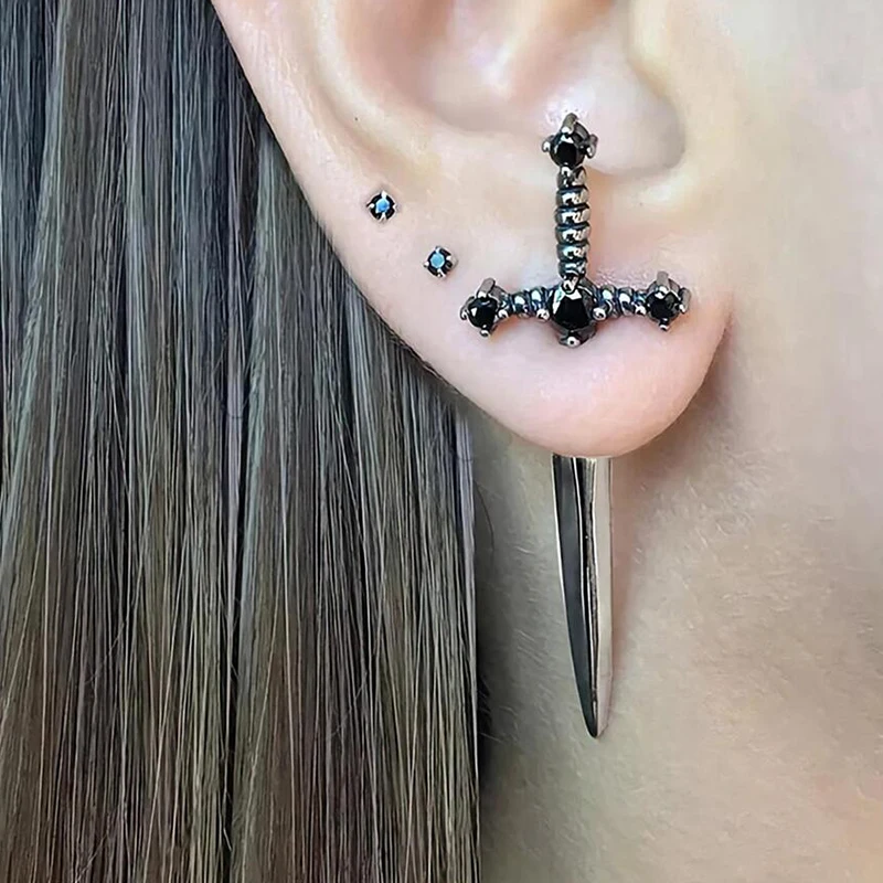 Hip Hop Cross Sword Stud Earrings For Women, Crystal Stone