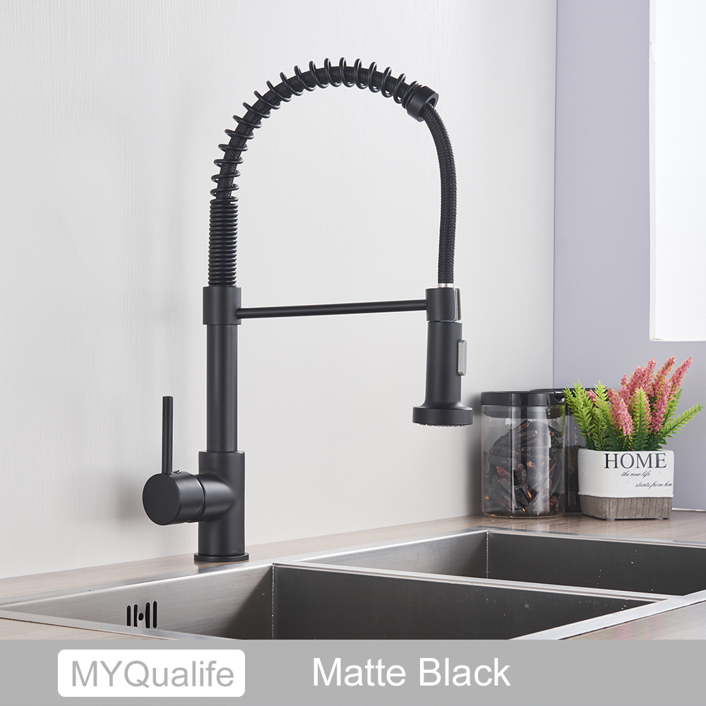 Silver Gray Kitchen Sink Faucet, One Handle Spring Hot and Cold Water Tap, Deck Mounted Matte Black Kitchen Crane