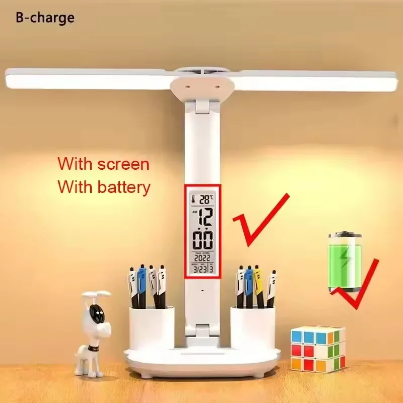 Double-Headed LED Table Lamp, Dimmable Desk Lamp with Calendar Clock, Foldable Eye Protection Reading Night Light
