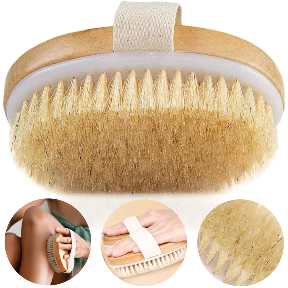 Exfoliating Wooden Body Massage Shower Brush, Natural Bristle Bath Brush for Soft Skin, SPA Wet Dry Body Care for Woman