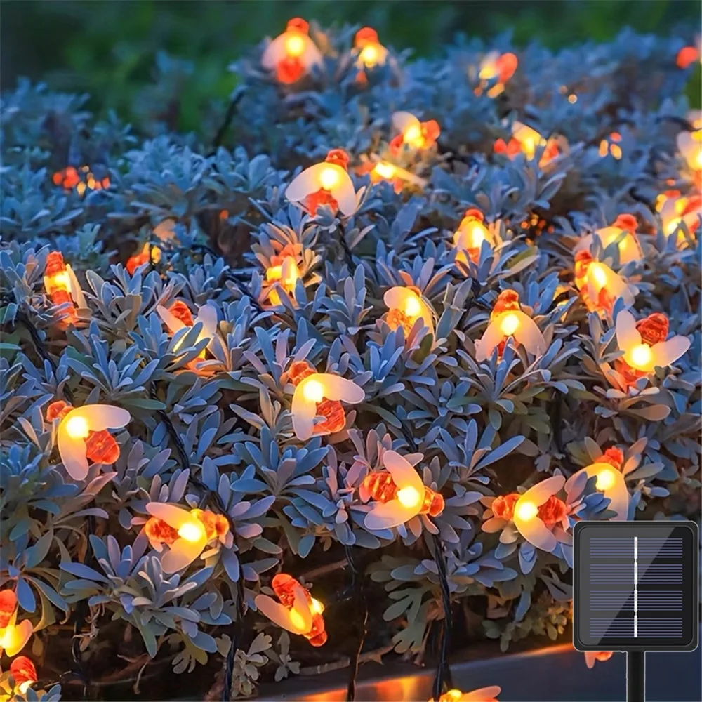 Solar Powered Honey Bee LED String Fairy Lights, Waterproof Outdoor Garden Lawn Courtyard Landscape Decor