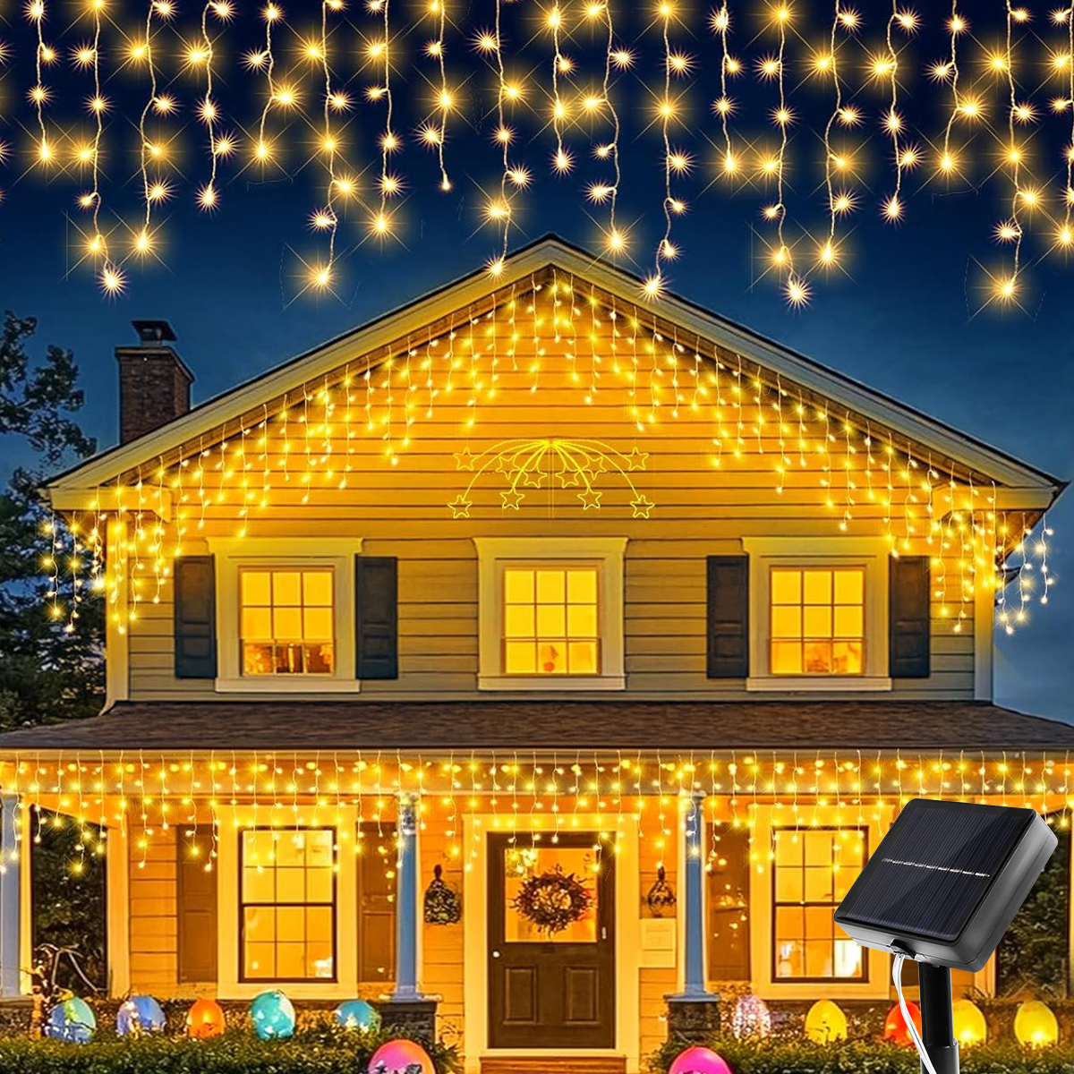 LED Waterproof Curtain String Lights, Solar Powered Christmas Icicle Lights for Outdoor Garden, Holiday Room Lighting
