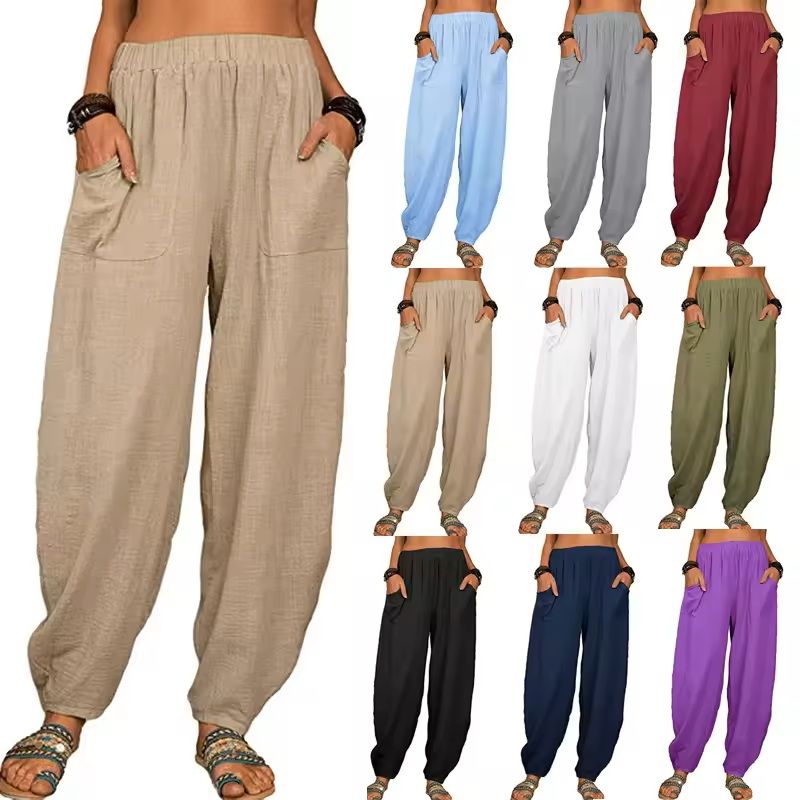 Cotton Red Peach Blossom Pattern Women's Elastic Waist Harem Pants