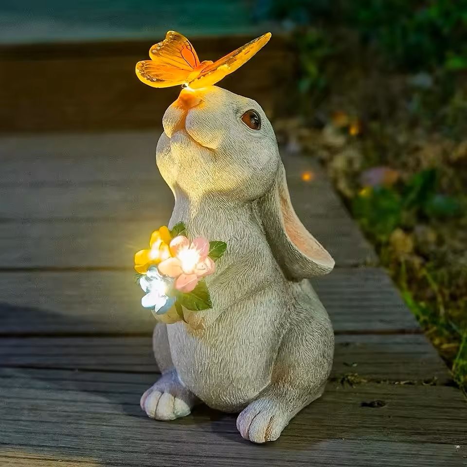 Solar Bunny Garden Statue with LED Butterfly Light | Inspire Uplift