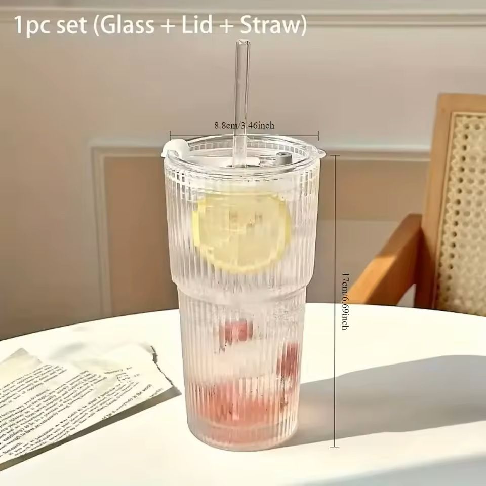 Striped Glass Cup with Lid and Straw 600ml