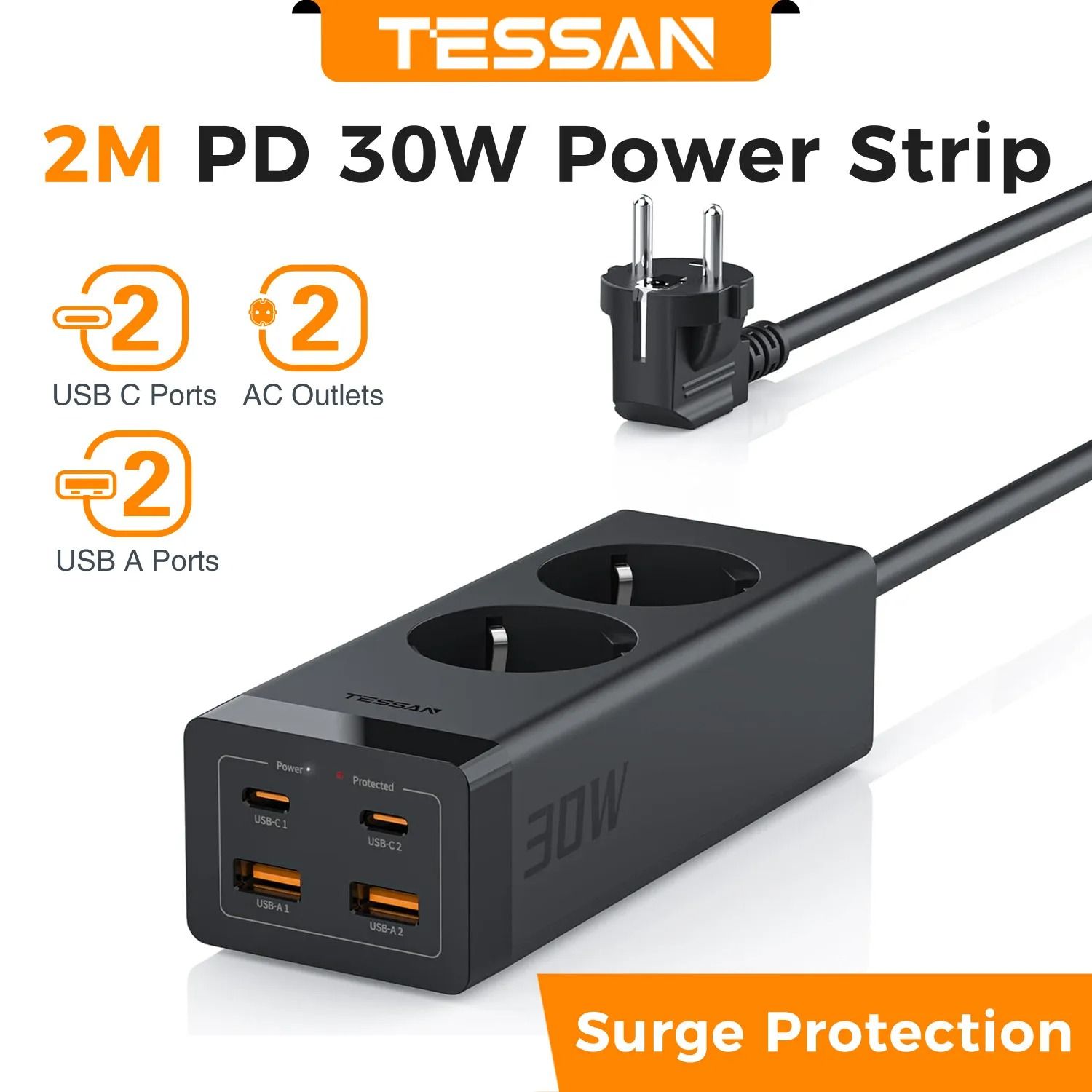 30W GaN Power Strip with USB C and Surge Protection for Home and Office